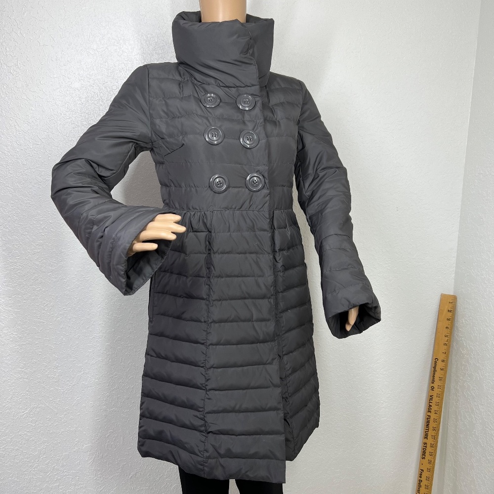 Betsey Johnson Down Jacket, Knee length double breasted button detailing XS Grey